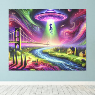Kleurrijke UFO-ontvoeringsscène Alien en Kosmische Canvas Afdruk