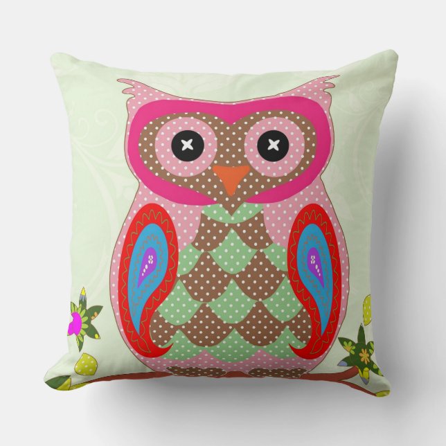 Kleurrijke Uil Ontwerp 16 x 16 Ronde Kussen (Voorkant)