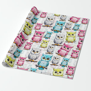 Kleurrijke Uil Vogels Witte achtergrond Patroon Cadeaupapier