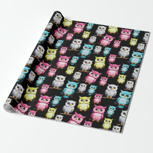Kleurrijke Uil Vogels Zwart Achtergrond Patroon Cadeaupapier