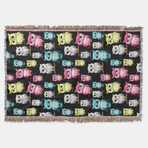 Kleurrijke Uil Vogels Zwart Achtergrond Patroon Deken