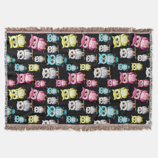 Kleurrijke Uil Vogels Zwart Achtergrond Patroon Deken (Voorkant)