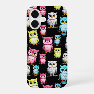 Kleurrijke Uil Vogels Zwart Achtergrond Patroon iPhone 16 Hoesje