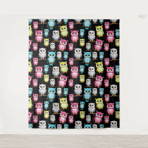 Kleurrijke Uil Vogels Zwart Achtergrond Patroon Wandkleed