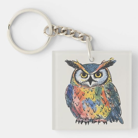 Kleurrijke Uil Waterverf Sleutelhanger (voorkant)