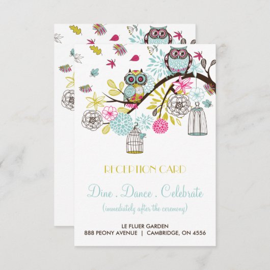 Kleurrijke Uilen en Vallende Bladeren Ontvangstkaa Informatiekaartje (Voorkant / Achterkant)