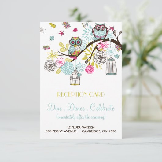 Kleurrijke Uilen en Vallende Bladeren Ontvangstkaa Informatiekaartje (Staand voorkant)