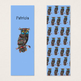 Kleurrijke uilen op blauw monogram bladwijzer mini visitekaartjes