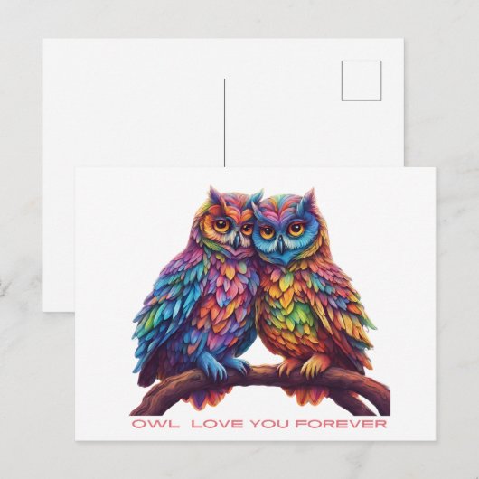 Kleurrijke uilen-Tortelduifjes-Valentijnsdag Briefkaart (Voorkant / Achterkant)