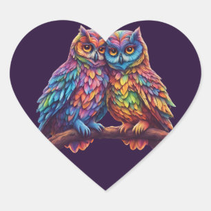 Kleurrijke uilen-Tortelduifjes-Valentijnsdag Hart Sticker