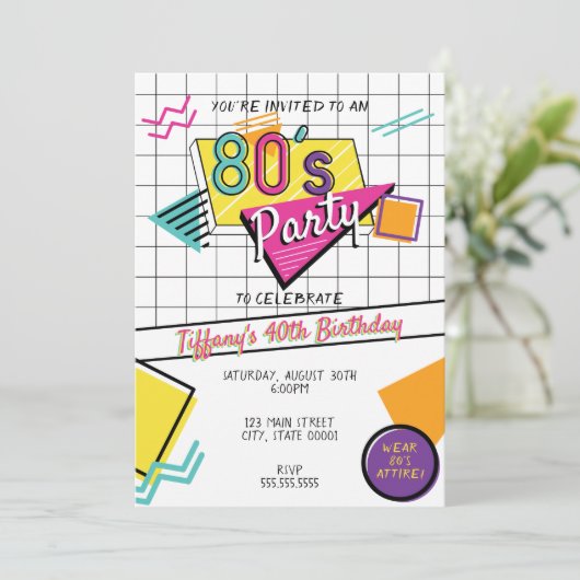 Kleurrijke uitnodiging voor 80's-feestje (Staand voorkant)