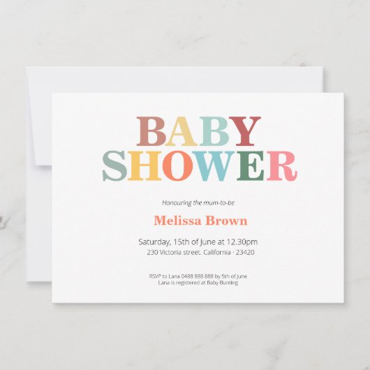 Kleurrijke uitnodiging voor babyshower (Voorkant)