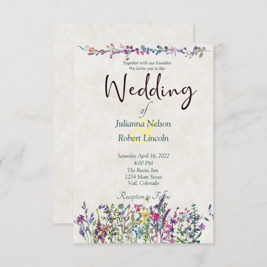 Kleurrijke uitnodiging voor bruiloft met wilde blo (Voorkant / Achterkant)