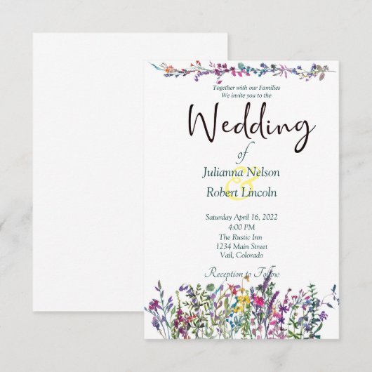 Kleurrijke uitnodiging voor bruiloft met wilde blo (Voorkant / Achterkant)
