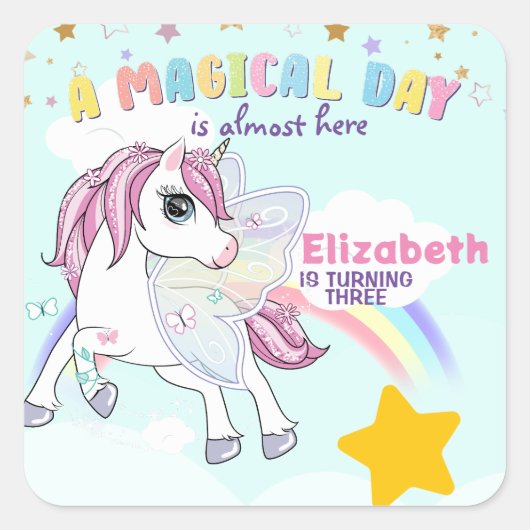 Kleurrijke Unicorn Rainbow Cute Magical Pink Vierkante Sticker (Voorkant)