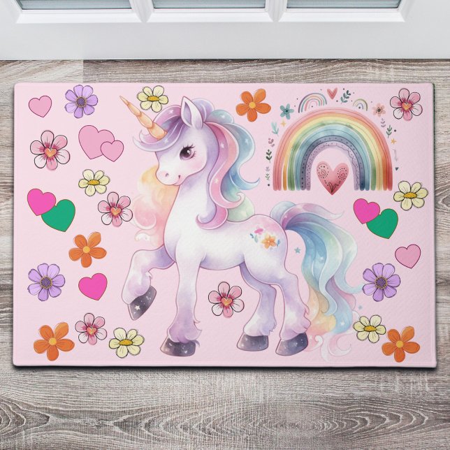 Kleurrijke Unicorn Rainbow Flowers Nursery Deurmat (Creator heeft geüpload)