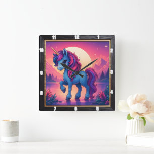 Kleurrijke Unicorn Sunset Fantasy Vierkante Klok
