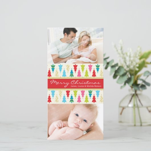 KLEURRIJKE VAKANTIE FOTOKAART :: patternedxmastree Feestdagenkaart (Staand voorkant)