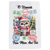 Kleurrijke vakantiezak met vrolijke kerstman medium cadeauzakje (Voorkant)