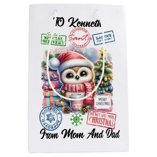 Kleurrijke vakantiezak met vrolijke kerstman medium cadeauzakje (Voorkant)
