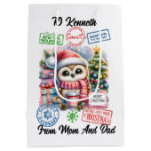 Kleurrijke vakantiezak met vrolijke kerstman medium cadeauzakje (Achterkant)