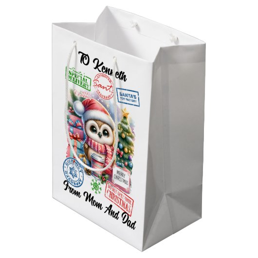 Kleurrijke vakantiezak met vrolijke kerstman medium cadeauzakje (Achterkant Gekanteld)