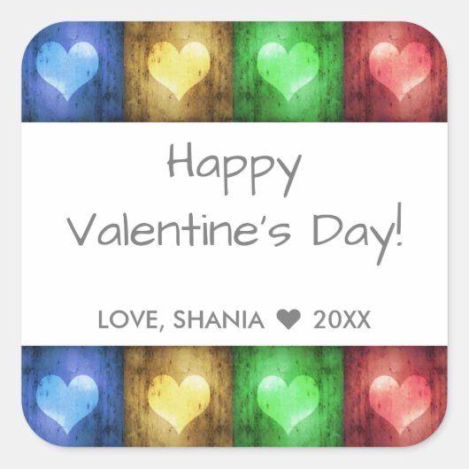 Kleurrijke Valentijnsdag Rustic Hearts Vierkante Sticker (Voorkant)