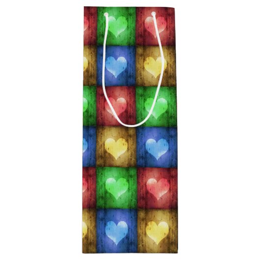 Kleurrijke Valentijnsdag Rustic Hearts Wijn Cadeautas (Voorkant)