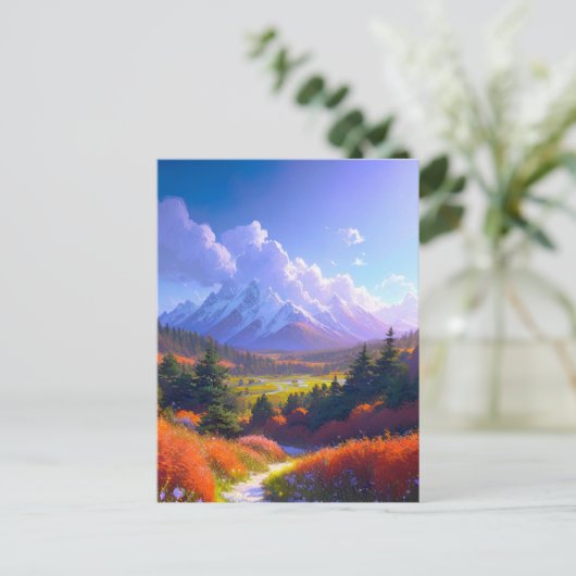 Kleurrijke Valley en Majestic Snowy Peak Briefkaart (Staand voorkant)