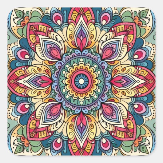 Kleurrijke Vector Abstract Mandala Patroon Vierkante Sticker (Voorkant)