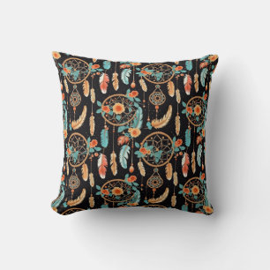 Kleurrijke veer dreamcatcher bloem zwart turquoise kussen