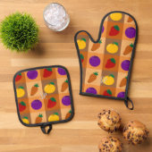 Kleurrijke Veggie Patroon Oven Mitt & Pot Houder S Ovenwant & Pannenlap Set (Top down)