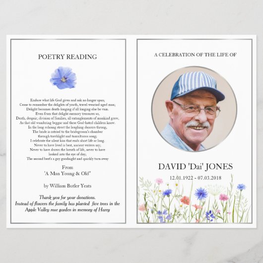 Kleurrijke veldbloemen Zilveren Foto Overlijdensbe Flyer (Voorkant)