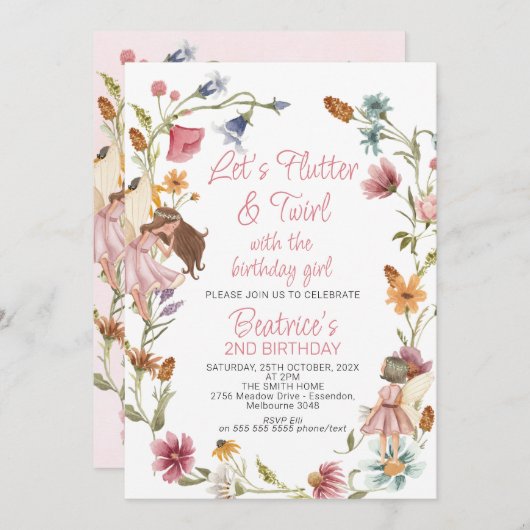 Kleurrijke veldbloemenkrans en fee verjaardag kaart (Voorkant / Achterkant)