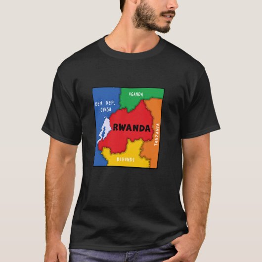 Kleurrijke vereenvoudigde Rwanda kaart, buurland T-shirt (Voorkant)