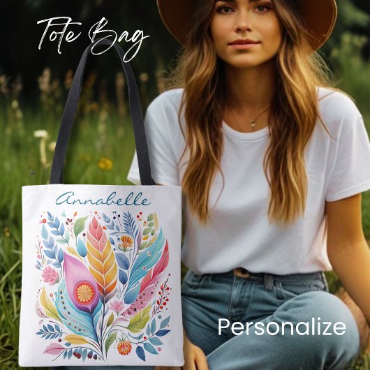 Kleurrijke Veren Bloemen Canvas tas, Boho Stijl, Tote Bag