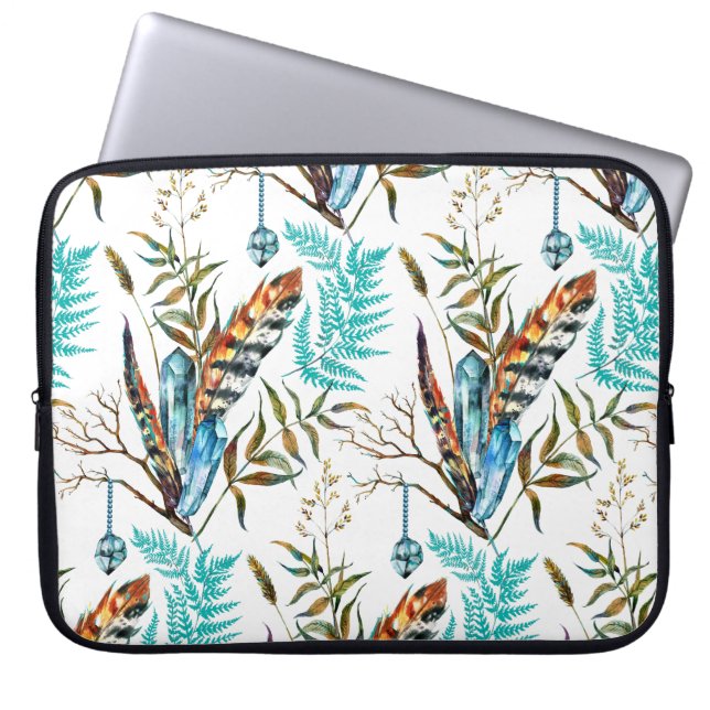 Kleurrijke veren en blauwe kristallen laptop sleeve (Voorkant)