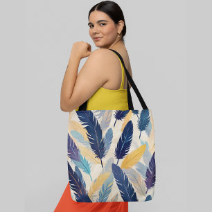 Kleurrijke veren in tinten van blauw geel patroon tote bag