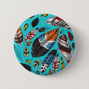 Kleurrijke veren ronde button 5,7 cm