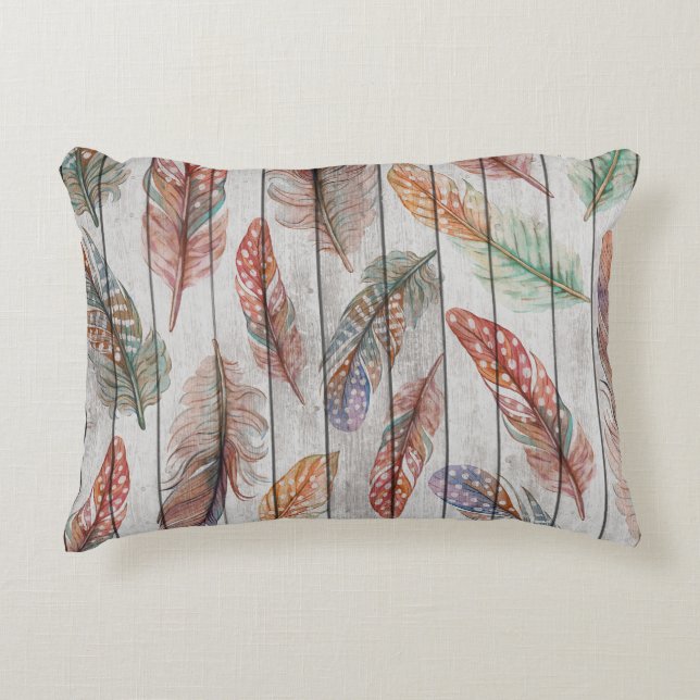 Kleurrijke veren, Waterverf naadloos ontwerp. Accent Kussen (Voorkant)