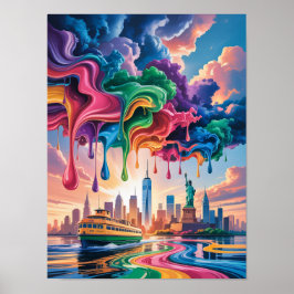 Kleurrijke verf die over de haven van NYC drupt Poster