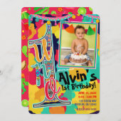 Kleurrijke Verf Fiesta UNO 1e Verjaardag Party Fot Kaart (Voorkant / Achterkant)