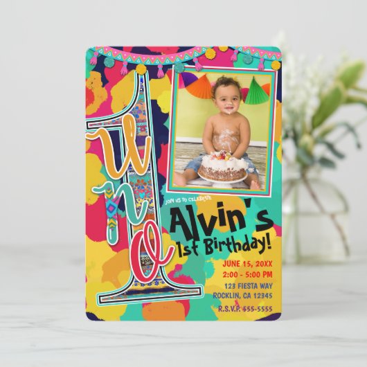 Kleurrijke Verf Fiesta UNO 1e Verjaardag Party Fot Kaart (Staand voorkant)