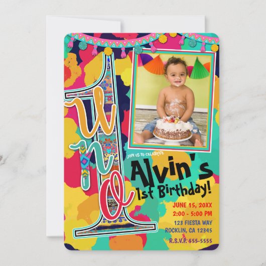Kleurrijke Verf Fiesta UNO 1e Verjaardag Party Fot Kaart (Voorkant)