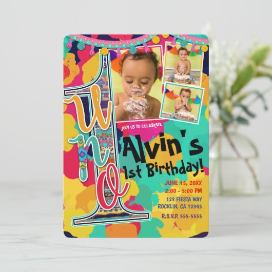 Kleurrijke Verf Fiesta UNO 1e Verjaardag Party Fot Kaart (Staand voorkant)