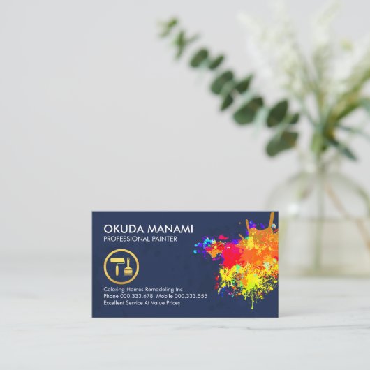 Kleurrijke verf spatten schilderij visitekaartje (Staand voorkant)