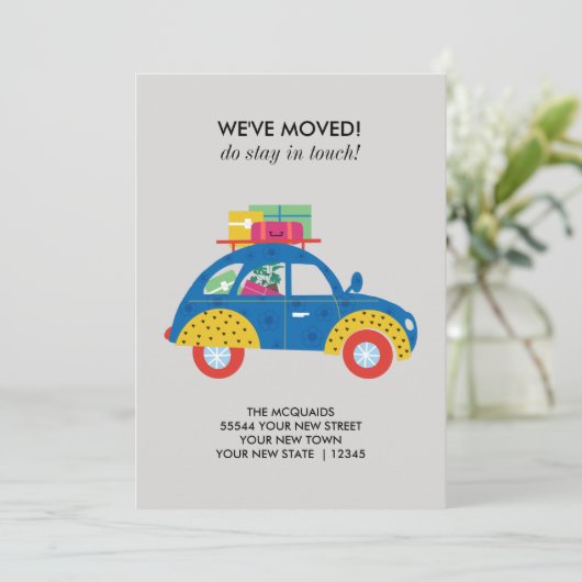 Kleurrijke verhuiskaart met auto aankondiging (Staand voorkant)
