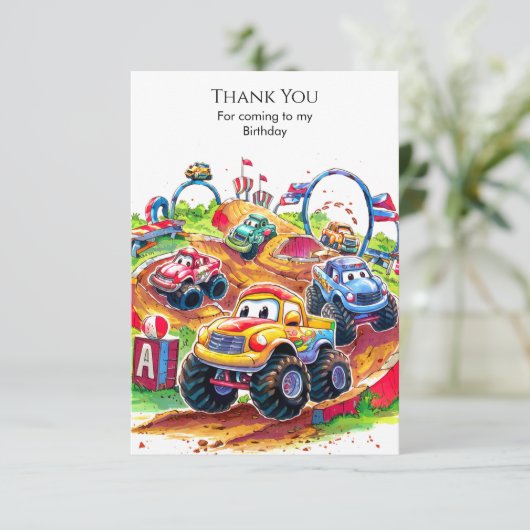 Kleurrijke verjaardag van een kinder monstertruck bedankkaart (Staand voorkant)