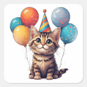 Kleurrijke Verjaardags Kitten Met Ballonnen Vierkante Sticker