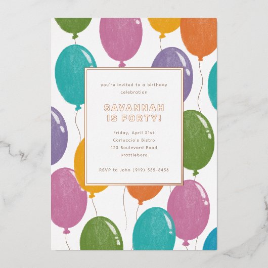 Kleurrijke verjaardagsballonnen Feestuitnodiging Folie Uitnodiging (Voorkant)